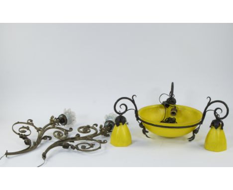 Collection of Art Nouveau chandelier with shades in yellow glass paste and 3 bronze wall fittings, markedLot van Art Nouveau 