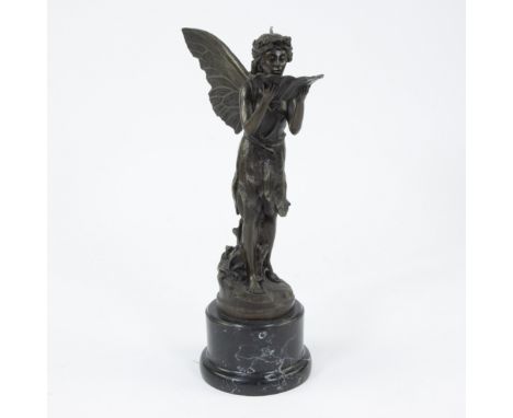 Brown patinated bronze fairy statue on black marble base sculpted in Art Nouveau style, Milo, posthumous editionBruin gepatin