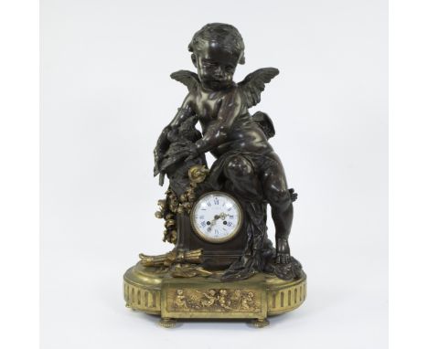 19th century Parisian mantel clock with enamel dial marked Vor Paillard F des Bronzes Paris with gilt hands and facet cut gla