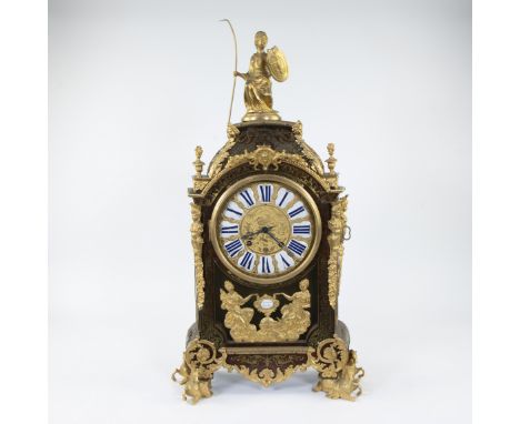 Superb French 19th-century Louis XV boulle clock, pediment surmounted by a classical female figure, finely chiselled gilt dia