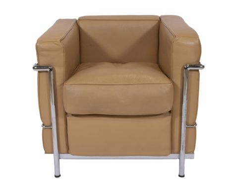 Seat to with model LC2 Le Corbusier, steel chrome-plated structure with cognac-coloured leather, made in ItalyFauteuil naar m
