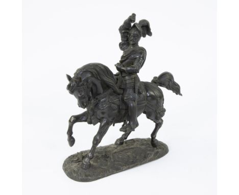 After Baron Carlo Marochetti, a patinated bronze equestrian figure of Emmanuel PhilibertNaar Baron Carlo Marochetti, een gepa