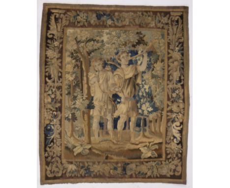 Oudenaarde tapestry with decor of 2 musicians in the forest, 17th centuryOudenaards wandtapijt met decor van 2 muzikanten in 