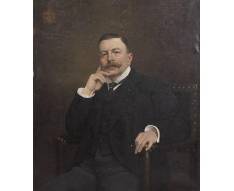 19th century oil on canvas portrait Marc Rooman d'Ertbuer 1868-1936, with coat of arms, signed Prosper BÖSS (1870-1951) and d