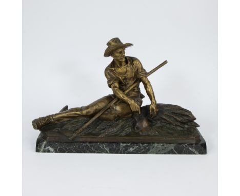Edouard DROUOT (1859-1945), gold patinated bronze sculpture of a resting peasant on marble plinth, signedEdouard DROUOT (1859