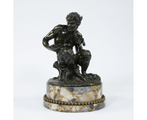 After Claude Michel Clodion (French 1738-1814), bronze sculpture of a satyr on marble baseNaar Claude Michel Clodion (Frans 1