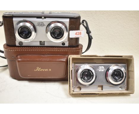 An Iloca 3D Stereo Rapid camera with Steinheil Munchen Cassarit 35mm f2.8 lens with original leather cover