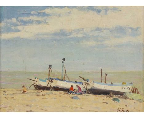 * Hugh Boycott Brown (1909-1990)'Picnic on Aldeburgh Beach'signed with initials l.r., inscribed 'Beach Scene, Aldeburgh' and 