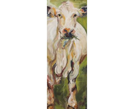 * Jelly Green (b.1992)Portrait of a cowsigned and dated 'Green 2010' verso, oil on canvas79.8 x 29.5cmGreen is a Suffolk-base