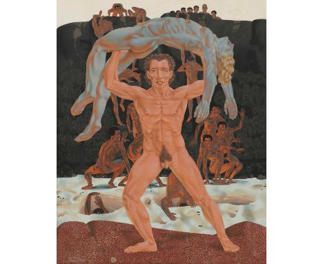 * Francis Plummer (1930-2019)Sacrificial dancesigned 'F.R.A. Plummer' and dated 'August 1959' l.l., tempera on panel127 x 101