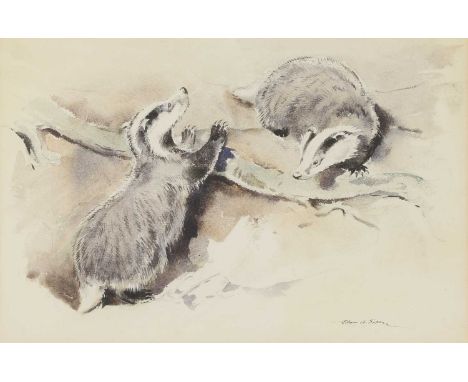 * Eileen Alice Soper (1905-1990)Badgers on a logsigned 'Eileen A. Soper' l.r., watercolour37.5 x 54cmProvenance: Gifted from 