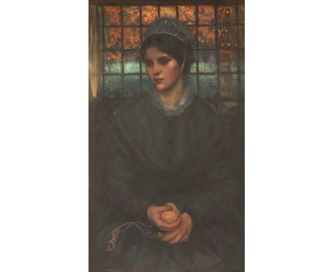 * Maud Marian Wear (1873-1955)Portrait of a girl, three-quarter length, holding a ball of woolsigned 'Maud M Wear' on stretch