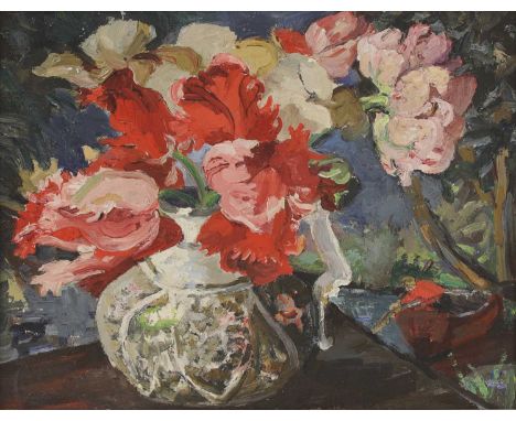 English School, 20th centuryVase of red flowers by a stream with figure boatingoil on canvas41 x 51cm.Condition ReportGeneral
