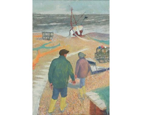 A... Benson (20th century)Fishermen loading up their boats, 1990signed 'A Benson' and dated 90 l.r., oil on canvas77 x 51cmCo