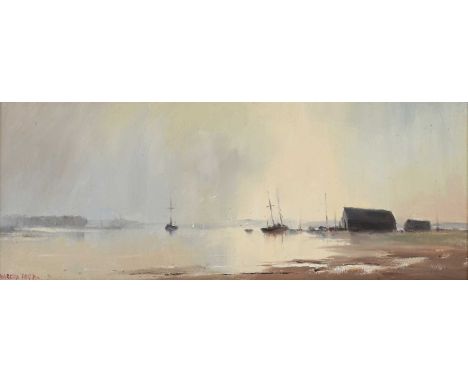 * Marcus Ford (1914-1989)'Norfolk Boat Sheds'signed 'MARCUS FORD' l.l., inscribed with title verso, oil on canvas30.5 x 76.5c