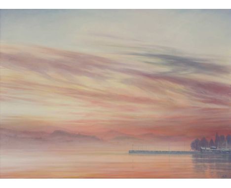 * Derek Hare (b.1945)Sunset over a quay with mountains beyondsigned and dated 'HARE/1998' l.r., oil on canvas91.5 x 122cmCond