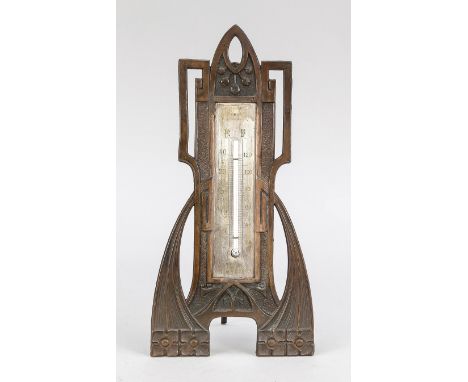 Jugendstil-Thermometer für den Schreibtisch, um 1900. Durchbrochen gearbeiteter Aufsteller aus Kupfer, Quecksilbersäule mit 2