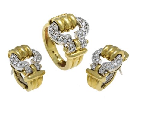 Wempe Brillant-Set GG/WG 750/000 mit 62 Brillanten, zus. 0,62 ct W/SI, Ring RG 46 und Clipohrstecker L. 18,8 mm, 17,7 g