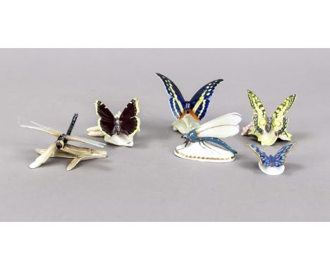 Sechs Insekten Figuren, deutsch, 20. Jh., 4 Schmetterlinge, 2 davon Hutschenreuther, 1 x Goebel, 1 x Ens, dazu 2 Libellen, 1 
