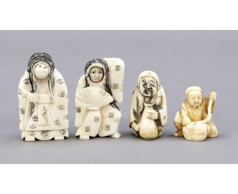 4 Netsuke, Japan, 19./20. Jh., Elfenbein. 1 x mit Wendekopf, 1 x signiert. H. bis 6 cm
