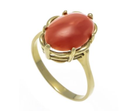Korallen-Ring GG 585/000 mit einem ovalen Korallen-Cabochon 12,5 x 9,8 mm, in einem orangestichigen Rot, RG 57, 3,3 g