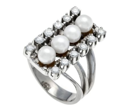 Perlen-Brillant-Ring WG 585/000 mit 4 Zuchtperlen 4,5 mm und 12 Brillanten, zus. 0,50 ct W/VS-SI, RG 51, 7,1 g