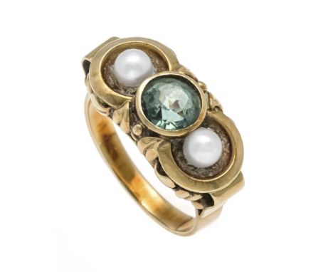 Edelstein-Perlen-Ring GG 585/000 mit einem rund fac. grünen Edelstein 6,5 mm und 2 weißen Zuchtperlen 4,0 mm, RG 55, 5,0 g