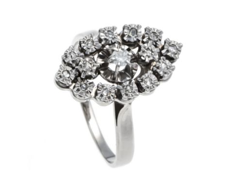 Brillant-Ring WG 585/000 mit einem Brillanten 0,07 ct W/SI und Diamantrosen, RG 58, 4,5 g