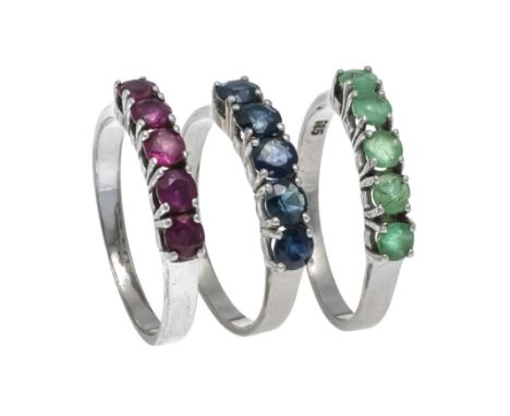 Rubin-Smaragd-Saphir Ring-Set WG 585/000 mit je 5 rund fac. Rubinen, Smaragden und Saphiren 3 mm, RG 53 und 2x 52, 5,3 g