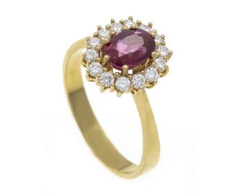Rubin-Brillant-Ring GG 750/000 mit einem oval fac. Rubin 7,0 x 5,3 mm in sehr guter Farbe und Reinheit, sowie 14 Brillanten, 