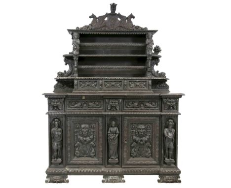 Großes Braunschweiger Historismus-Buffet um 1880, weiches Holz ebonisiert/dunkel gebeizt, üppiges Schnitzwerk, vollplastische