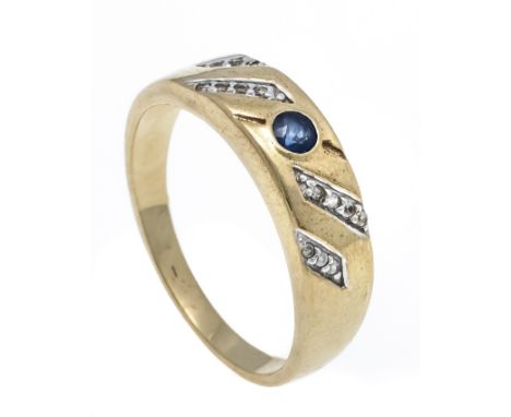 Saphir-Brillant-Ring 375/000 mit einem rund fac. Saphir 3 mm und 14 Brillanten, zus. 0,07 ct l.get.W/PI1, RG 60, 3,4 g