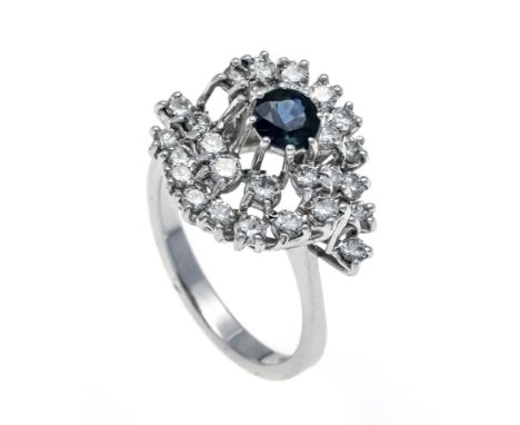 Saphir-Brillant-Ring WG 750/000 mit einem feinen, rund fac. Saphir 5,0 mm, in sehr guter Farbe, transparent, und 29 Brillante