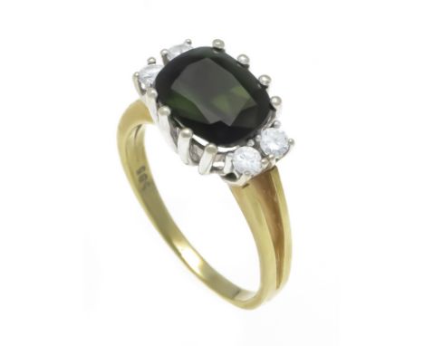 Turmalin-Diamant-Ring GG/WG 585/000 mit einem oval fac. Turmalin 10 x 8 mm, Verdelith, und 4 Brillanten, zus. 0,16 ct TW-W/VS