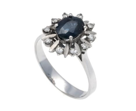 Saphir-Diamant-Ring WG 585/000 mit einem oval fac. Saphir 8,0 x 6,2 mm, in dunkleren Blau, transparent, und 10 Achtkant--Diam