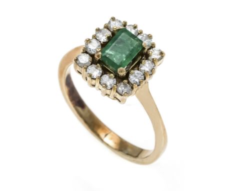 Smaragd-Brillant-Ring GG 585/000 ungest., gepr., mit einem im Smaragdschliff fac. Smaragd 6,2 x 4,2 x 2,3 mm und 12 Brillante