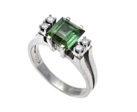 Turmalin-Brillant-Ring WG 585/000 mit einem carreeförmig fac. Turmalin, in einem gelbstichigen Grün, transparent, und 4 Brill