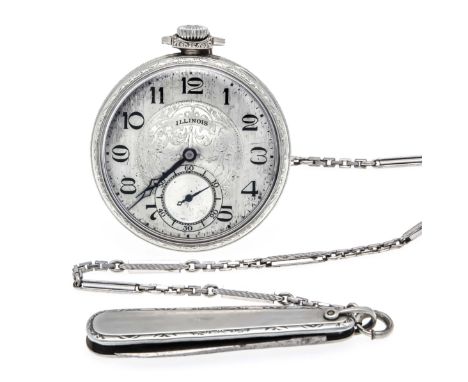 offene amerikanische Herrentaschenuhr um 1920, 14k WGoldfilled, Illinois Springfield, Gehäuse und Zifferblatt fein graviert, 