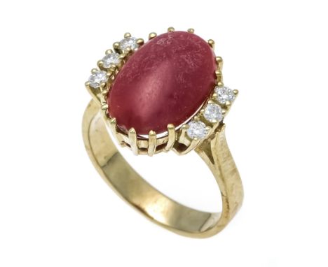 Korallen-Brillant-Ring GG 585/000 mit einem ovalen Korallen-Cabochon 14,0 x 9,0 mm, in einem intensiven Rot, leicht rissig, u