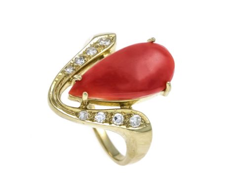 Korallen-Diamant-Ring GG 585/000 mit einem tropfenförmigen Korallen-Cabochon 16,0 x 7,8 mm, in einem intensiven Rot, und 8 Ac