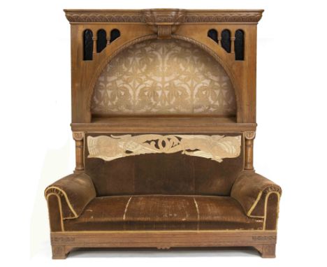 Interessantes Jugendstil-Sofa mit Überbau um 1900, Eiche, unbekannter Entwurf, original Bezug (etwas zerschlissen), aufgelegt