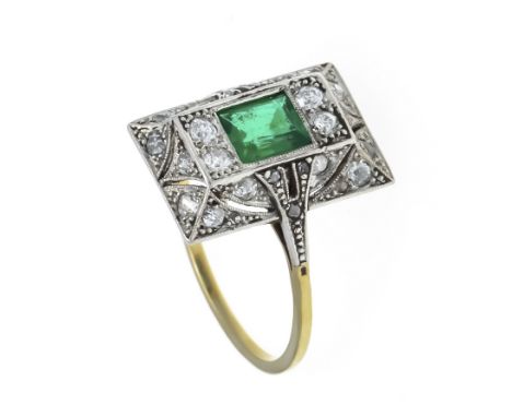 Art Deco Smaragd-Altschliff-Diamant-Ring GG/WG 585/000 ungest., gepr., mit einem rechteckig fac. Smaragd, 5,0 x 5,8 mm in seh