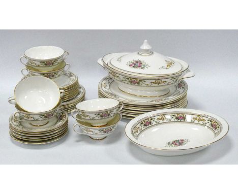 A Royal Doulton Porcelain Dinner Service, in the 'Alton' pattern, printed marks, comprising: oval tureen and cover, open vege