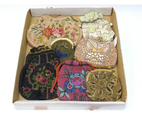 Six Early XX Century Beaded Evening Bags, including ivorine and gilt metal framed, a later tapestry evening bag with coral be
