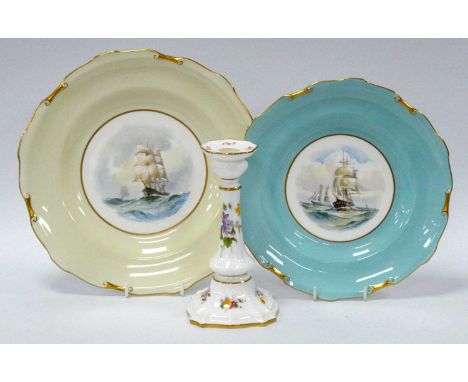 A Royal Crown Derby Porcelain Cabinet Plate, painted by W.E.J. Dean, signed, with masted ships, turquoise border, printed mar