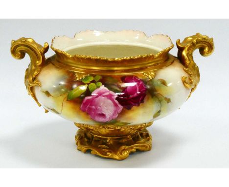 A Royal Worcester Porcelain Two-Handled Jardiniére, of lobed circular form, painted by W.H. Austin, signed, with pink roses, 