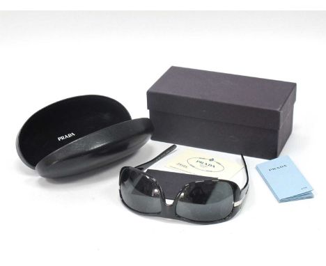 Prada; A Pair of Black Wraparound Style Sunglasses, with certificate, black leather case and box.