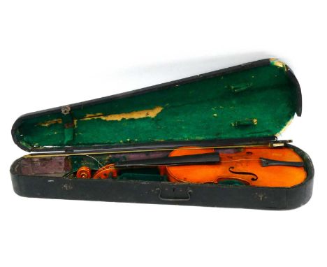 A Vintage Violin, one piece back, bears label 'Breton Brevette', the button inscribed Breton, length of back 36cm, cased with