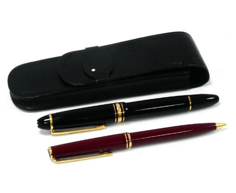A Mont Blanc Meisterstuck 146 Fountain Pen, in black case with 14K nib; A Mont Blanc Propelling Pen, in a maroon case, and a 