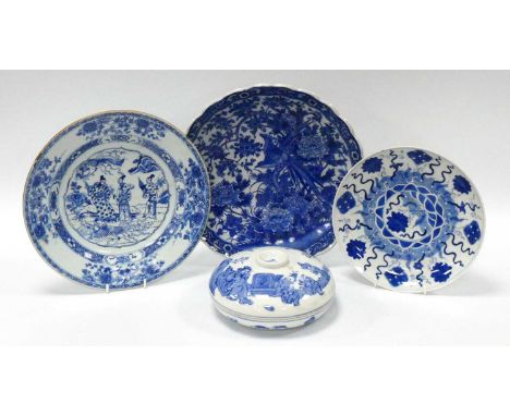 A Chinese Porcelain Circular Hors D'oeuvres Dish and Cover, in blue with figures in landscapes and birds, 19cm diameter; A Ch
